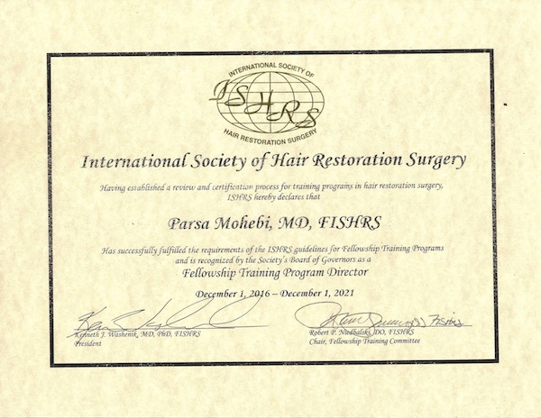 Parsa Mohebi Hair Restoration is now an ISHRS Fellowship Training Center